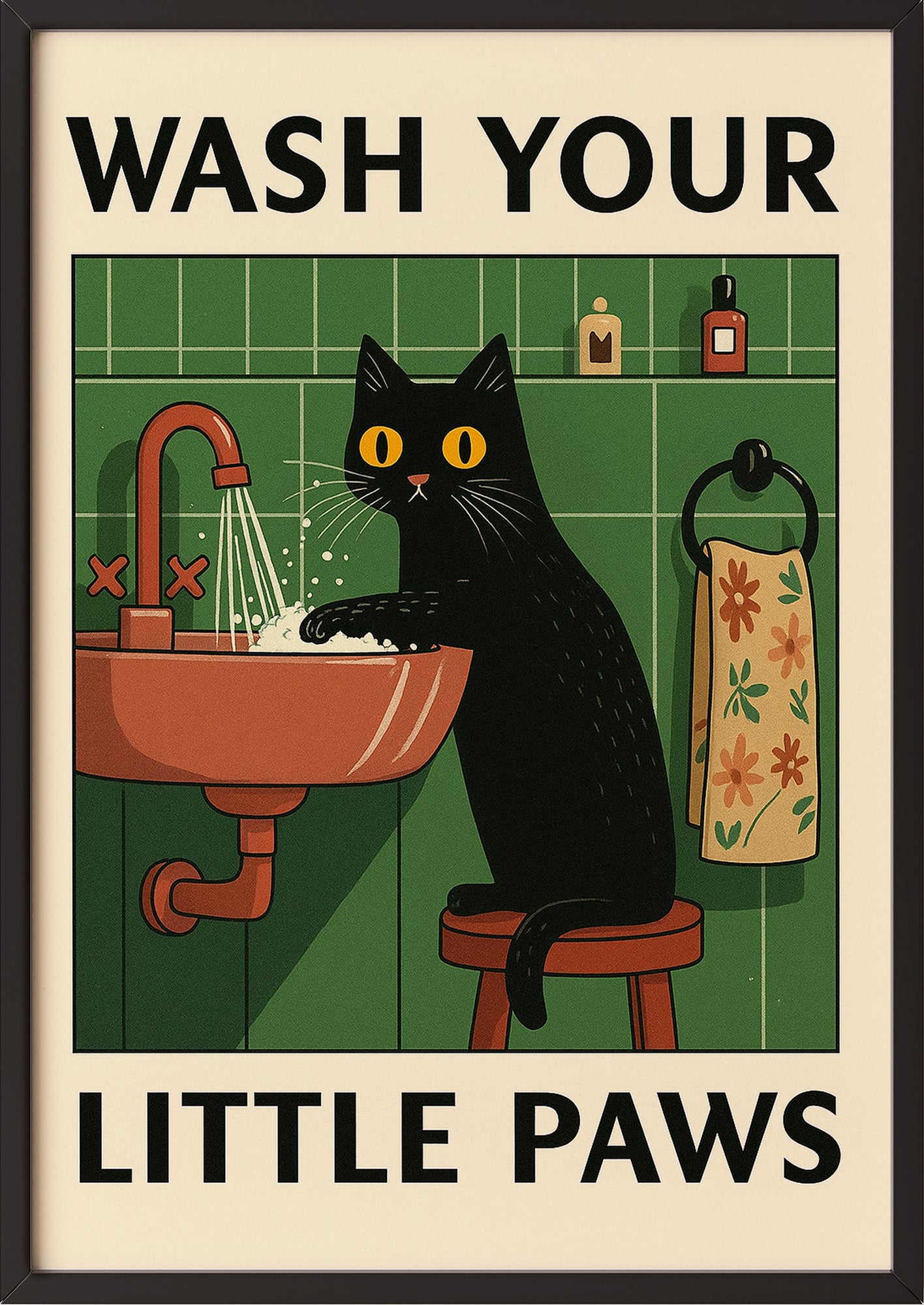 lustiges Katzenposter mit schwarzer Katze im schwarzen Rahmen, ideal fürs Gäste-WC