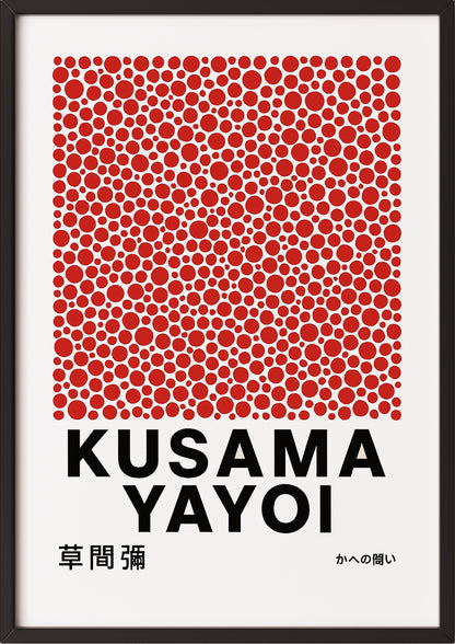 yayoi kusama red dots poster gerahmt in schwarzem rahmen als elegante wanddekoration