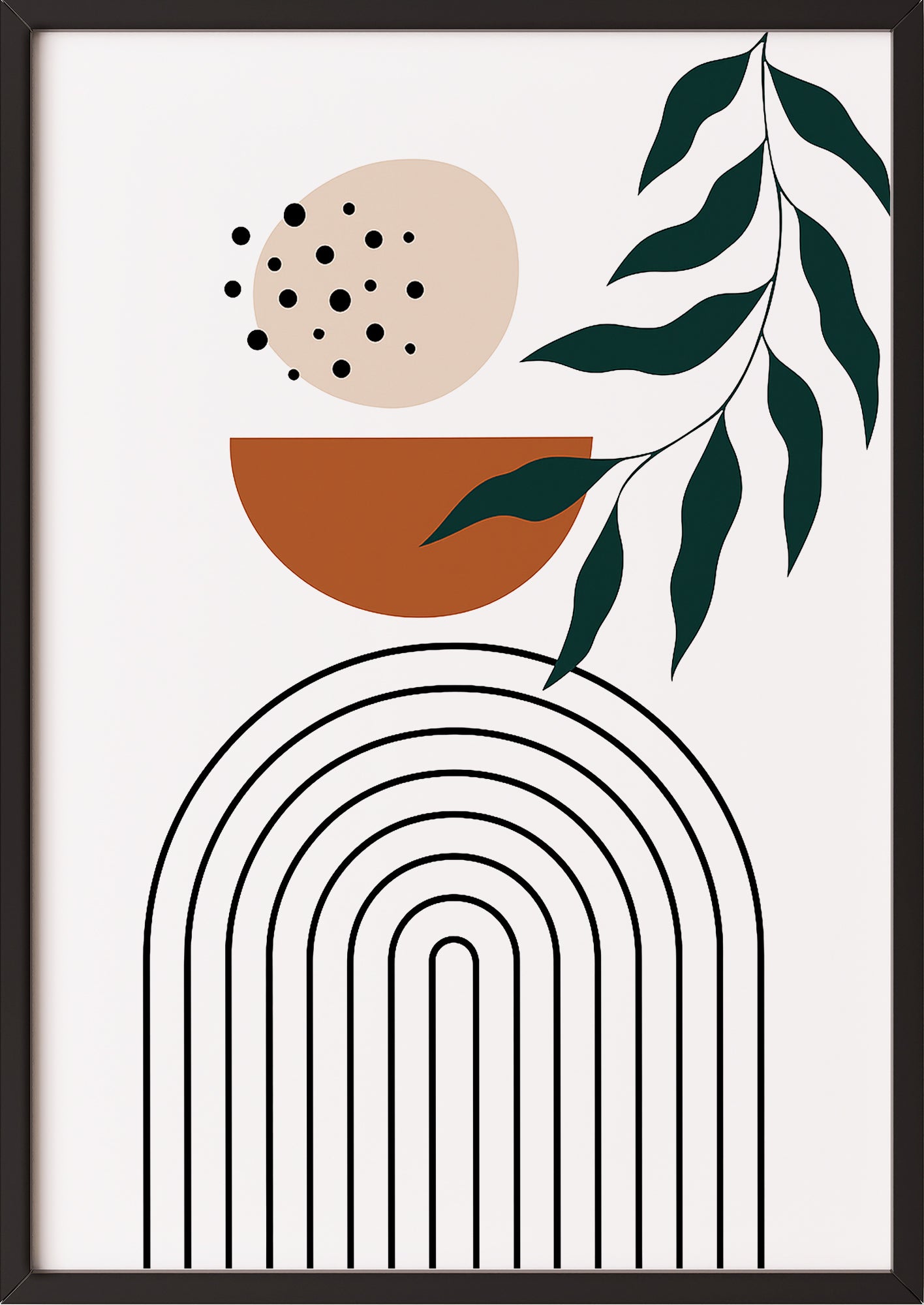 Boho Poster in Beige Braun Schwarz mit schwarzem Rahmen – geometrische & botanische Wanddeko