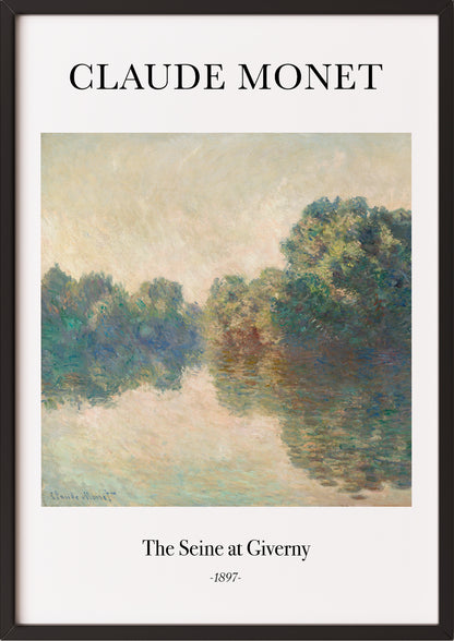 Frau hängt The Seine at Giverny von Claude Monet als Poster in schwarzem Rahmen an die Wand