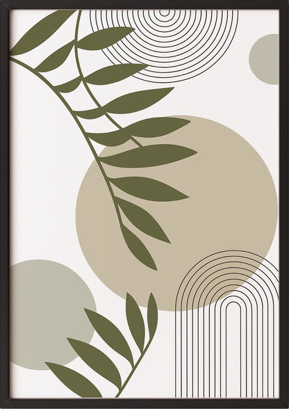 Boho Poster mit Blättern & Linienkreisen in Grün Beige mit schwarzem Rahmen – minimalistisches Kunstwerk