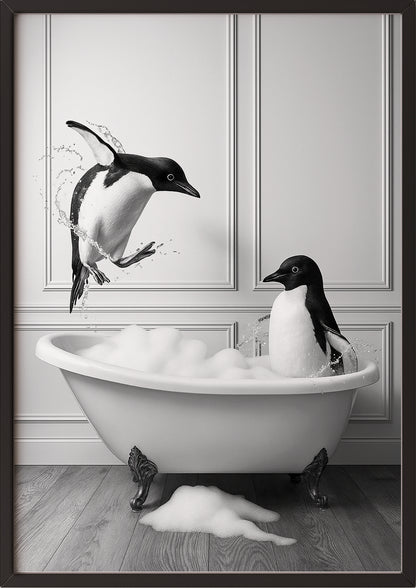 ein bild von pinguinen in einer badewanne in einem schwarzen rahmen wird zum witzigen highlight im wohnzimmer oder gäste wc