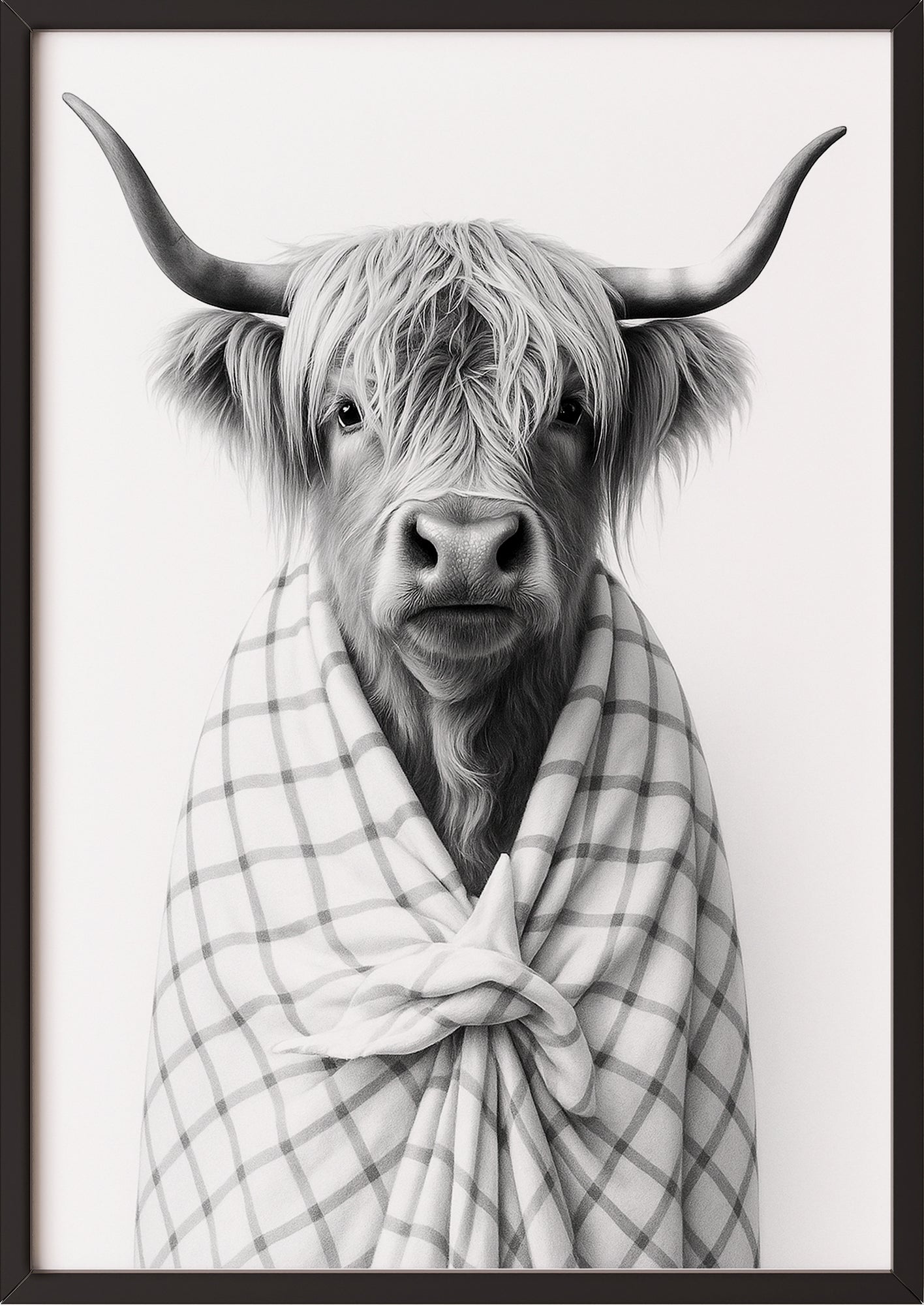 Hochlandrind Illustration gerahmt in schwarzem Rahmen an der Wand