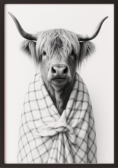 Hochlandrind Illustration gerahmt in schwarzem Rahmen an der Wand