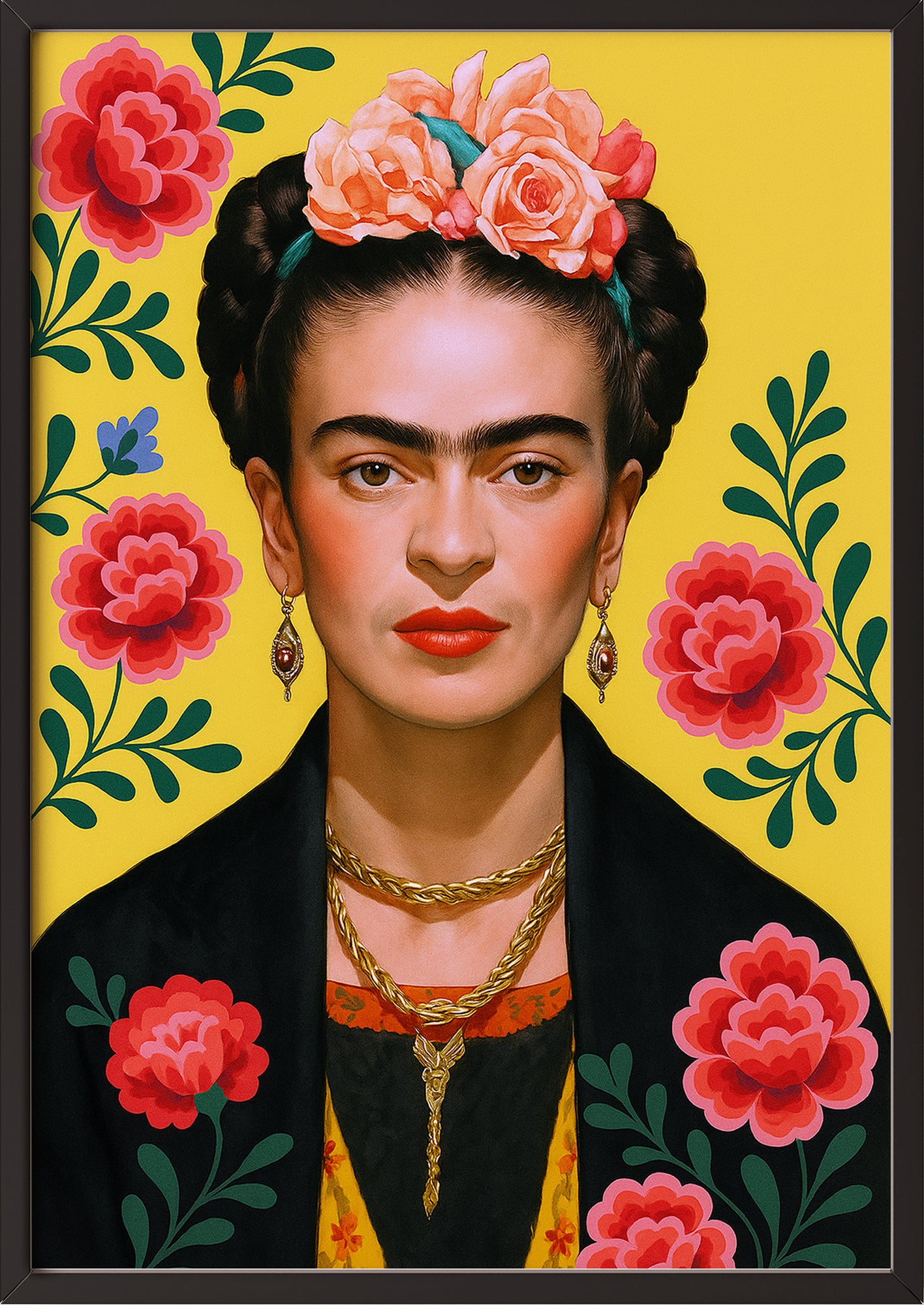 Frida Kahlo Porträt auf gelbem Hintergrund, gerahmt in schwarzem Rahmen