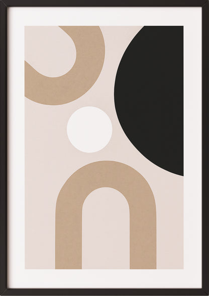 Abstraktes geometrisches Poster in Beige und Schwarz mit schwarzem Rahmen – modernes Kunstwerk