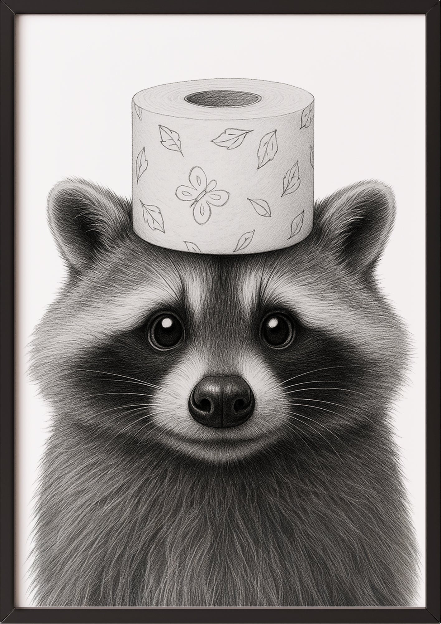 Waschbär Poster mit Klorolle in schwarzem Rahmen, witzige Tierillustration an der Wand