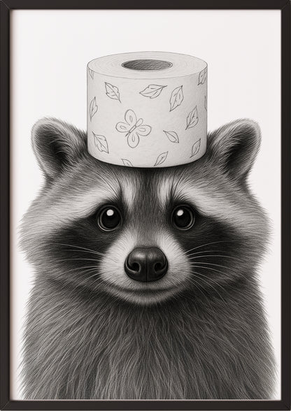 Waschbär Poster mit Klorolle in schwarzem Rahmen, witzige Tierillustration an der Wand