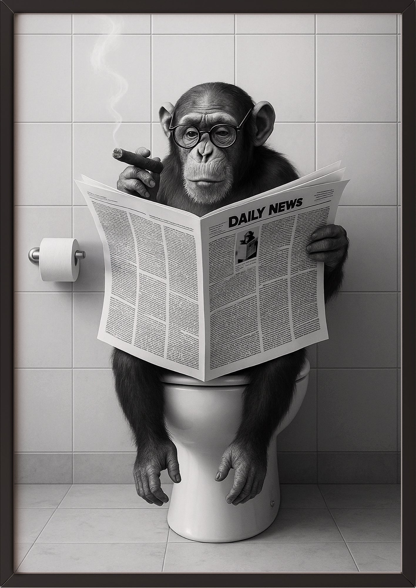 Affen Kunstdruck mit schwarzem Rahmen – witziges Badezimmer Poster fürs Gäste-WC