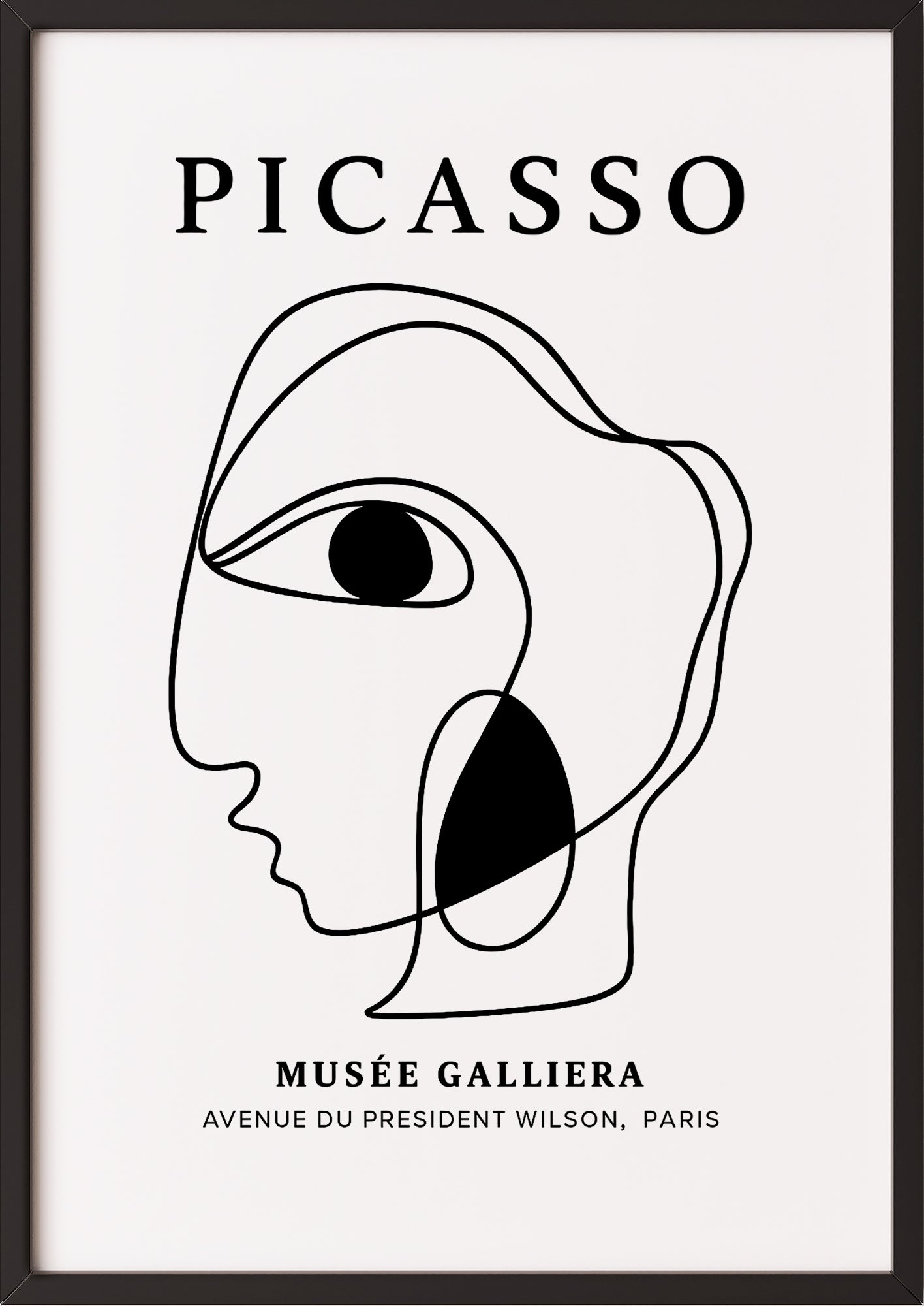schwarzer rahmen Picasso Face Line Drawing Poster im schwarzen Rahmen vor heller Wand
