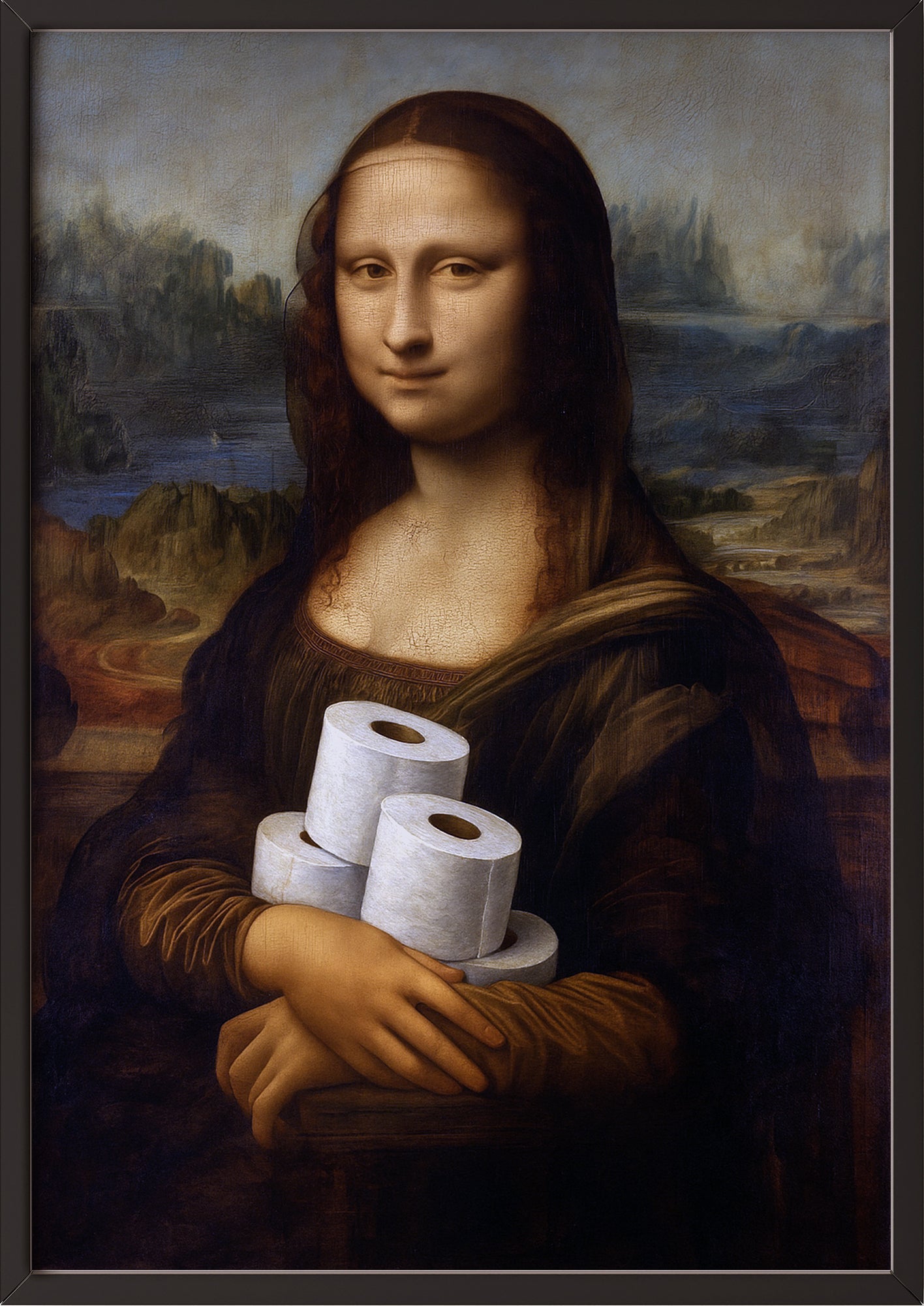In einem schwarzen Rahmen wirkt das Bild der Mona Lisa mit Klopapierrollen besonders edel und setzt dabei humorvolle Statements.