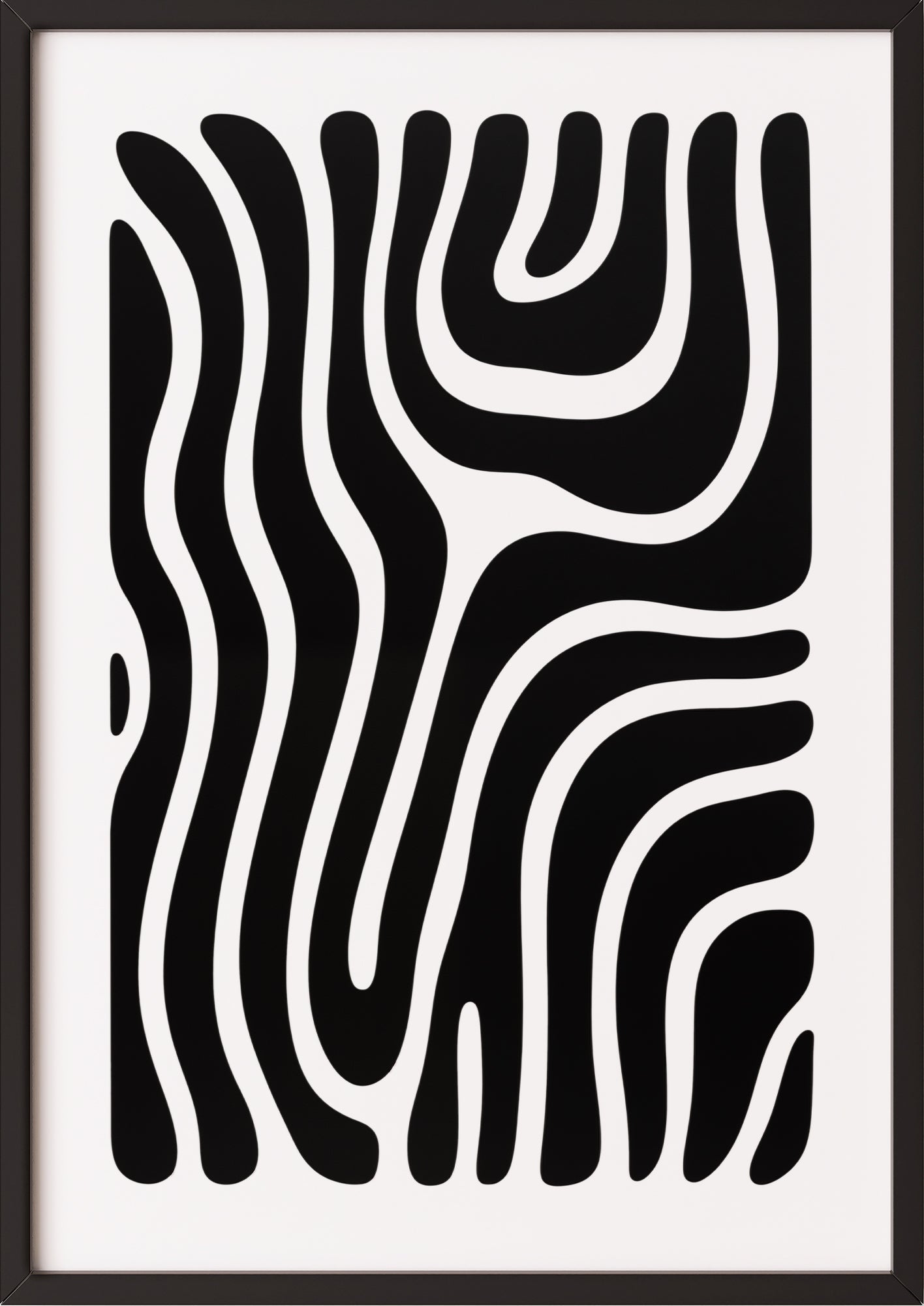 Abstraktes Poster mit organischen Linien in Schwarz-Weiß im schwarzen Holzrahmen