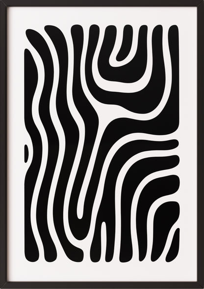 Abstraktes Poster mit organischen Linien in Schwarz-Weiß im schwarzen Holzrahmen