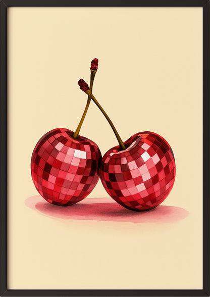 Gerahmtes Poster mit roten Kirschen in reflektierendem Design, an Wand gelehnt