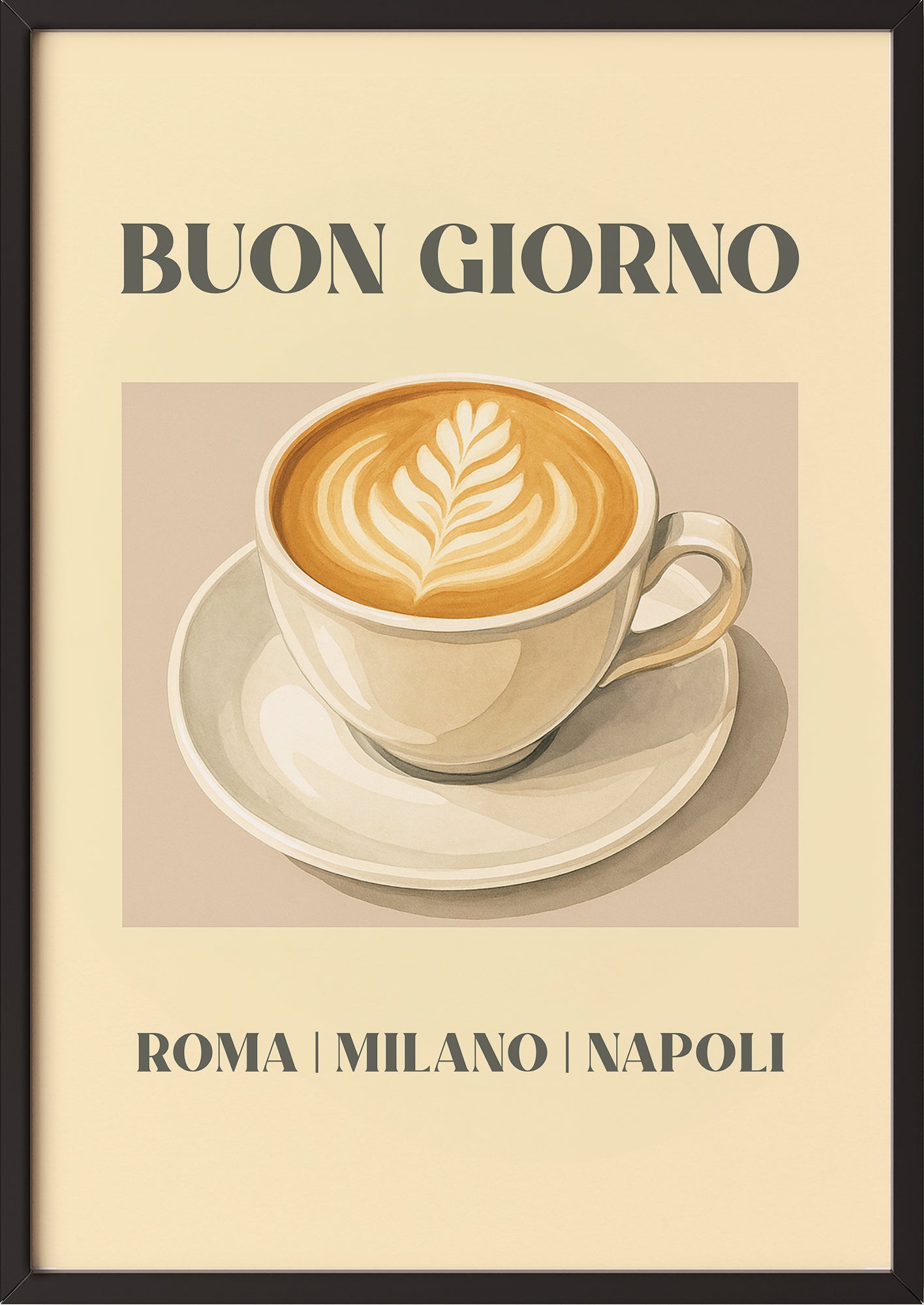 Kaffee-Poster Buon Giorno mit schwarzem Rahmen, angelehnt an Küchenwand