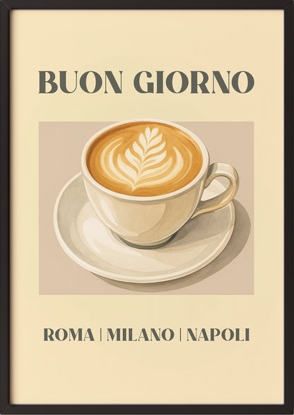 Kaffee-Poster Buon Giorno mit schwarzem Rahmen, angelehnt an Küchenwand
