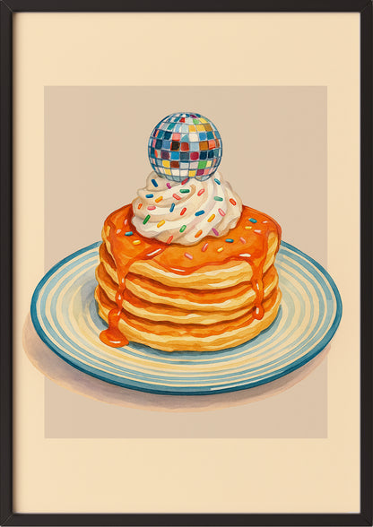 Poster Pancakes & Disco mit schwarzem Rahmen, angelehnt an Wand mit Küchenutensilien