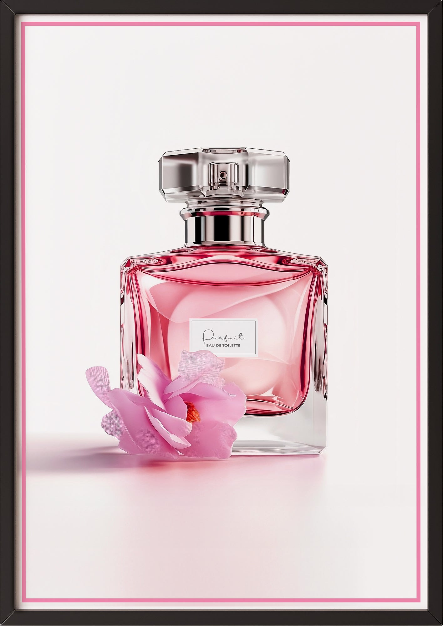 Poster pinker Parfumflakon mit Blüte in schwarzem Holzrahmen