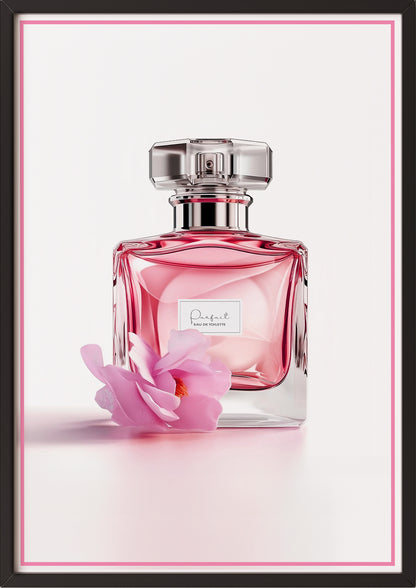 Poster pinker Parfumflakon mit Blüte in schwarzem Holzrahmen