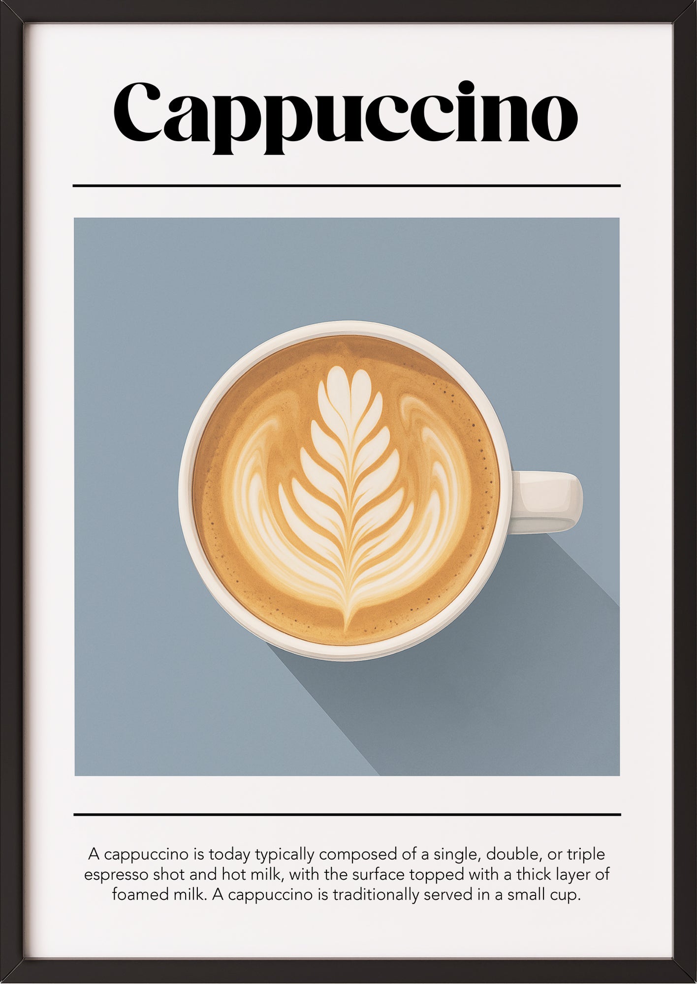 Gerahmtes Cappuccino-Poster mit Definition, angelehnt an Küchenwand