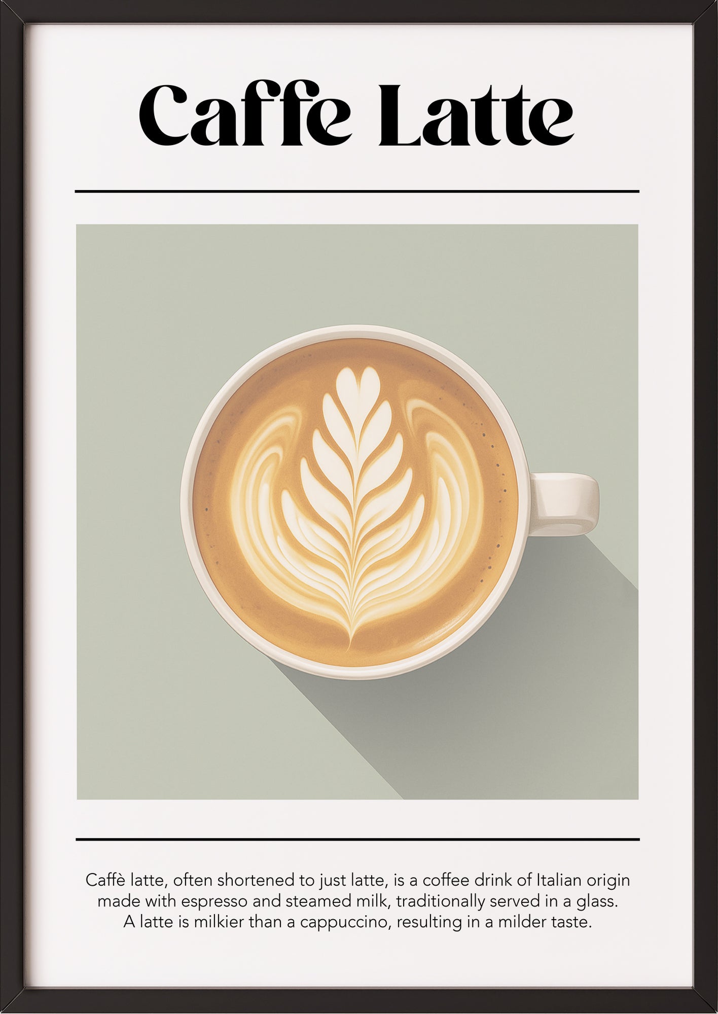 Poster mit Caffè Latte Definition im schwarzen Rahmen, angelehnt an Küchenwand