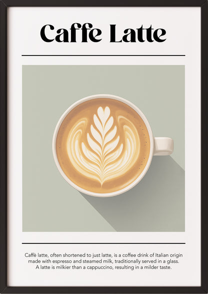 Poster mit Caffè Latte Definition im schwarzen Rahmen, angelehnt an Küchenwand