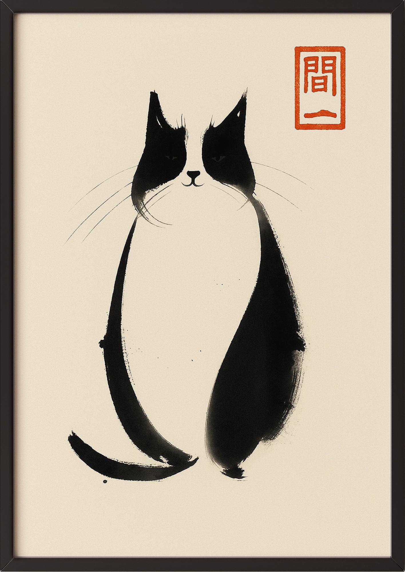 Gerahmtes Zen Cat Poster mit japanischem Flair, angelehnt an Wand mit Holzdetails