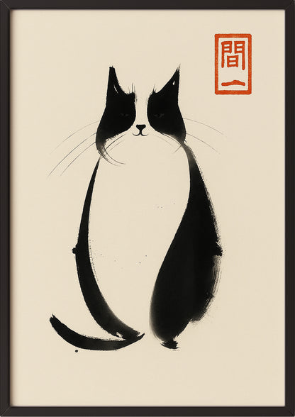 Gerahmtes Zen Cat Poster mit japanischem Flair, angelehnt an Wand mit Holzdetails