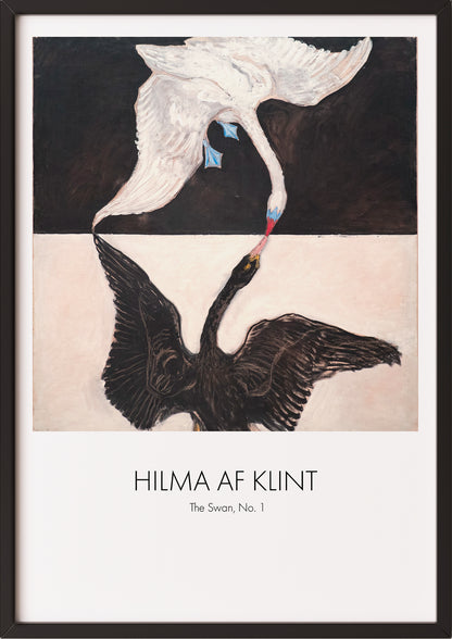 Frau hängt The Swan, No. 1 von Hilma af Klint als Poster in schwarzem Rahmen an die Wand