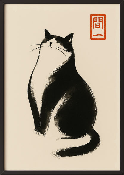 Gerahmtes Poster mit Zen-Katze mit erhobenem Kopf, angelehnt an hellgraue Wand