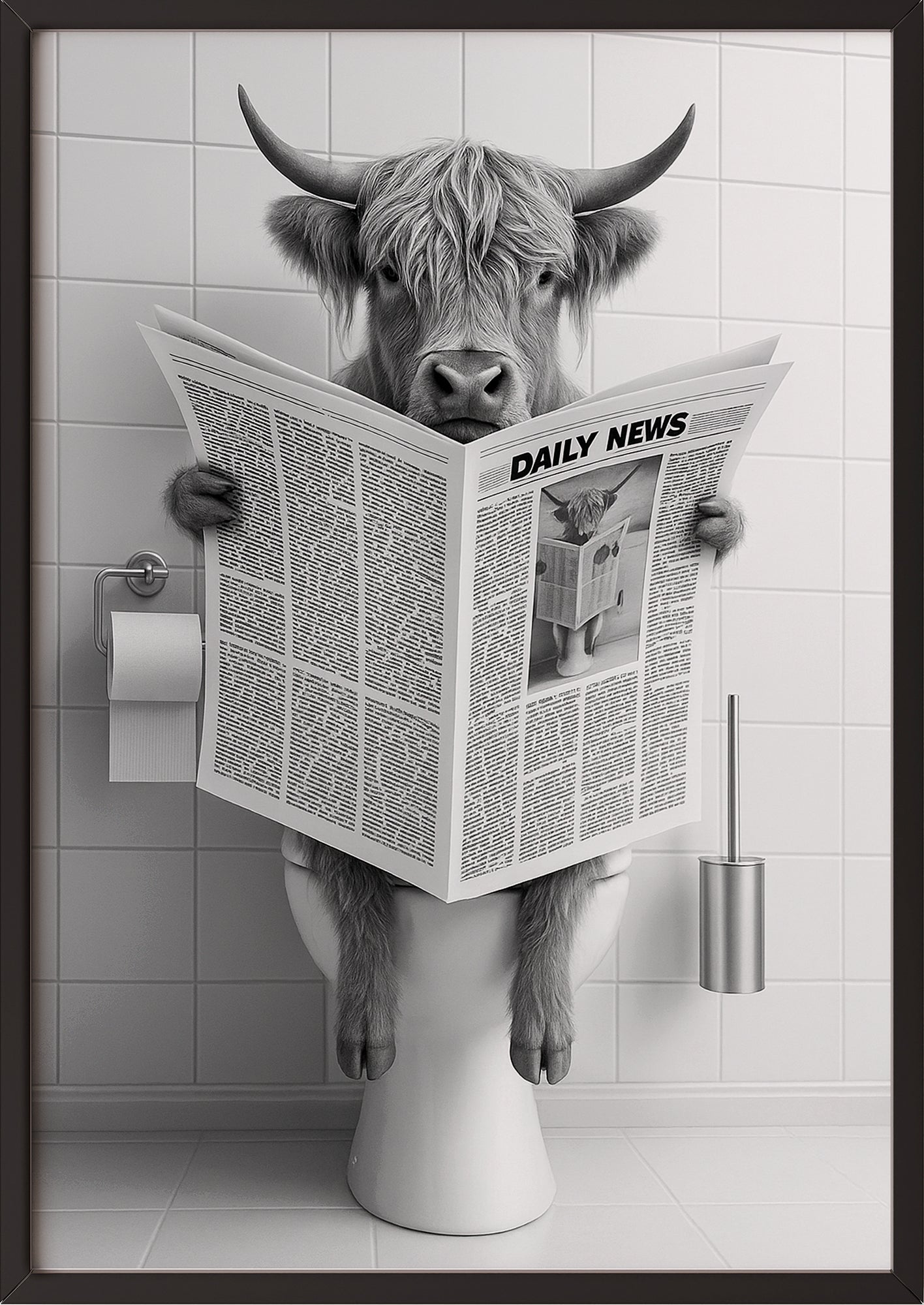Bild Hochlandrind mit Zeitung gerahmt in schwarzem Rahmen