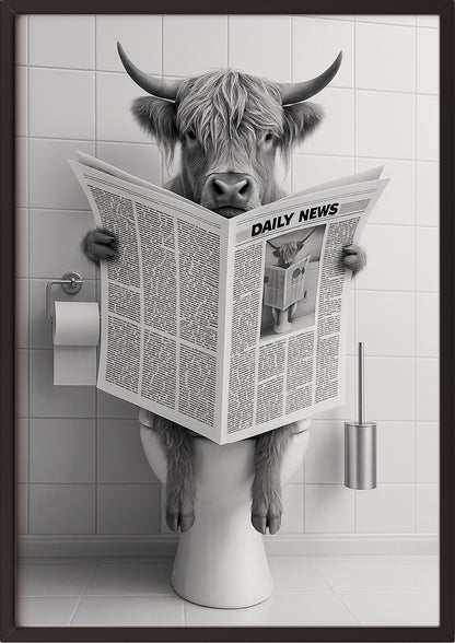 Bild Hochlandrind mit Zeitung gerahmt in schwarzem Rahmen
