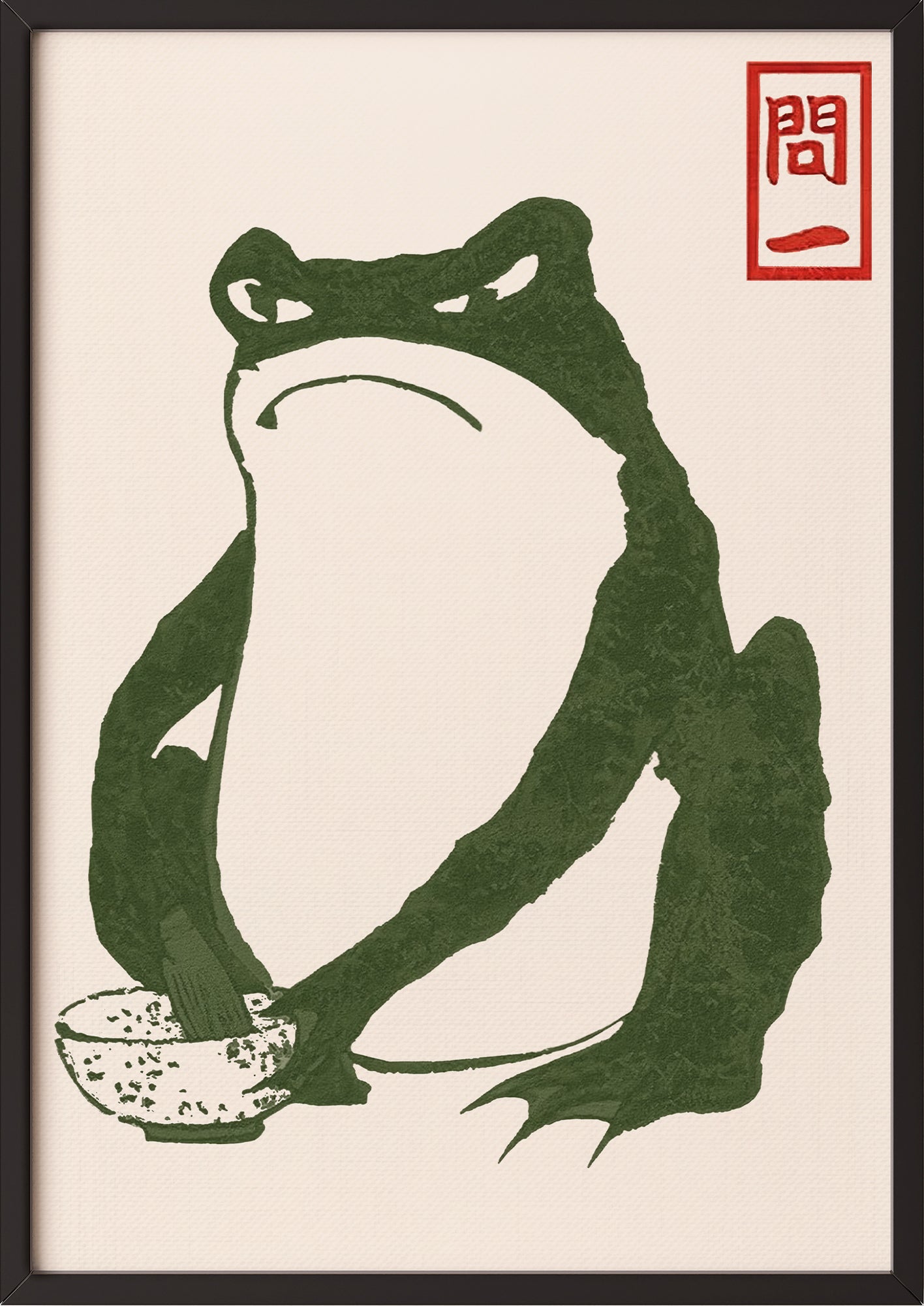 Hoji Frog Kunstwerk von Matsumoto Hoji mit Matcha Schale gerahmt in schwarzem Rahmen