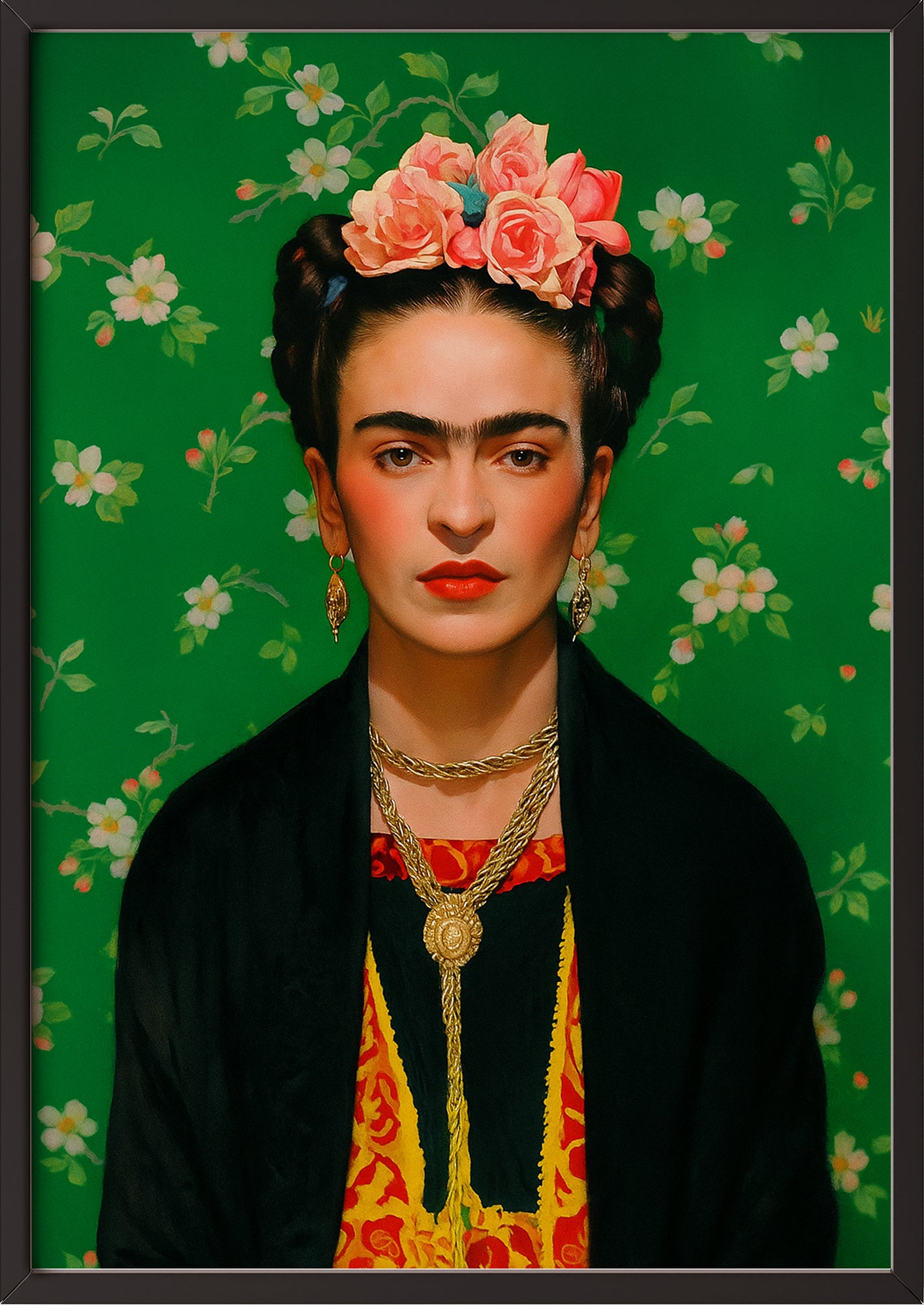 Frida Kahlo Porträt auf grünem Hintergrund, gerahmt in schwarzem Rahmen