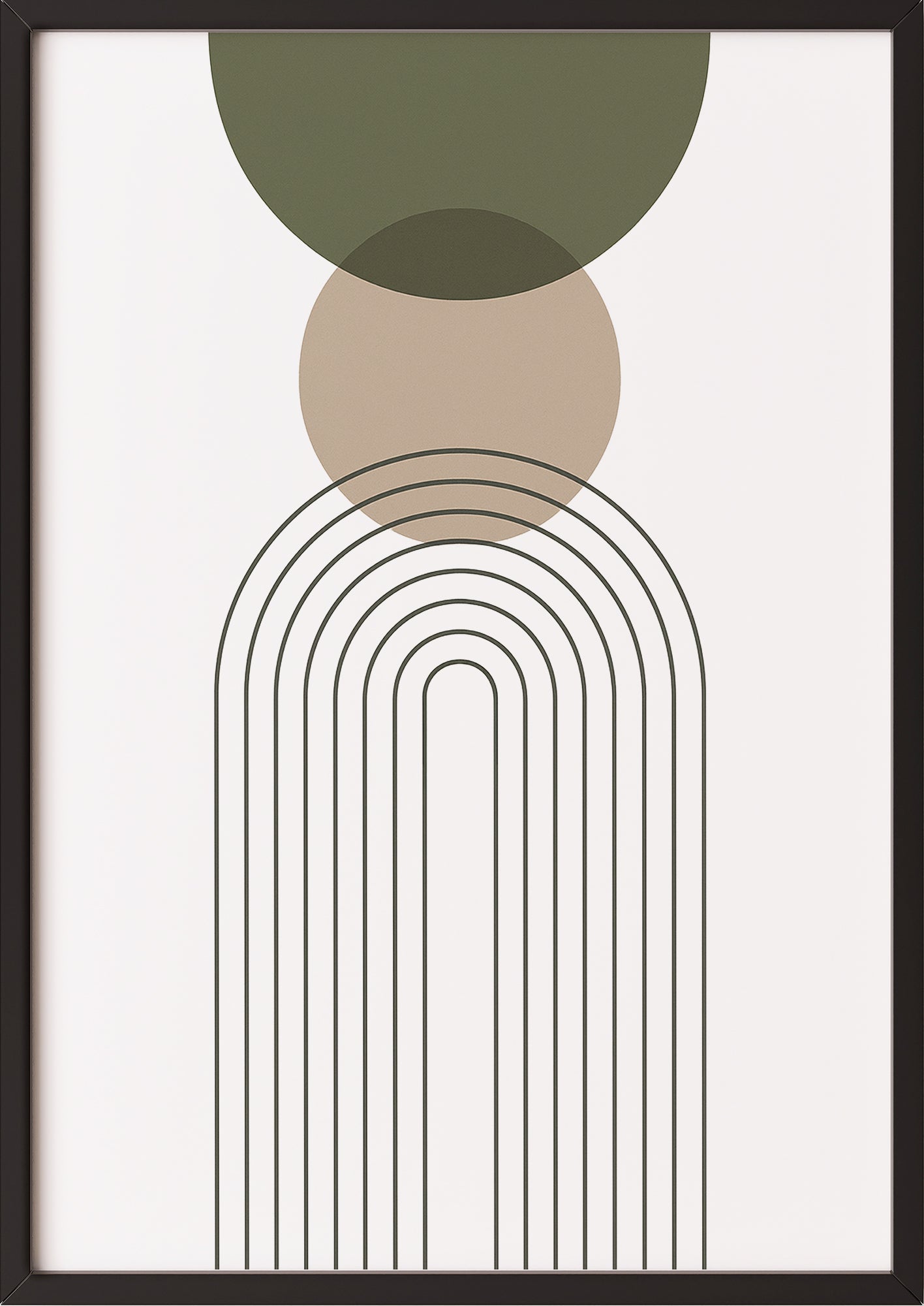 Geometrisches Boho Poster in Grün Beige mit schwarzem Rahmen – abstraktes Kunstwerk fürs Wohnzimmer