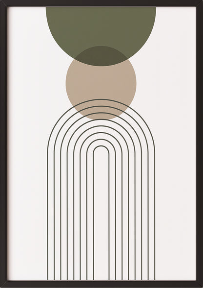 Geometrisches Boho Poster in Grün Beige mit schwarzem Rahmen – abstraktes Kunstwerk fürs Wohnzimmer