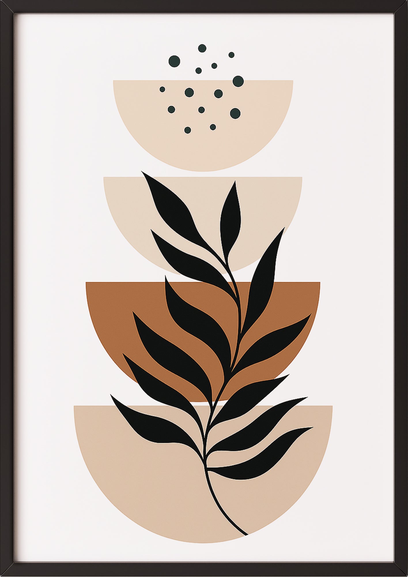 Boho Poster mit Halbkreisen & schwarzen Blättern in schwarzem Rahmen – moderne Wanddeko