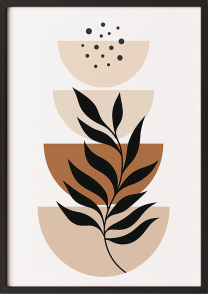 Boho Poster mit Halbkreisen & schwarzen Blättern in schwarzem Rahmen – moderne Wanddeko