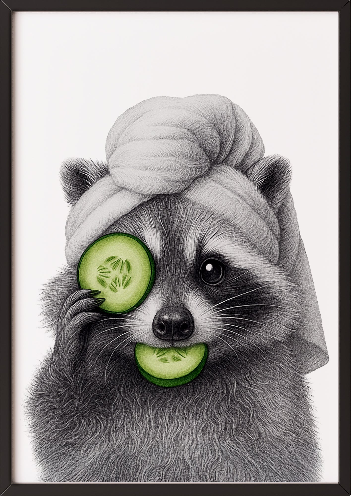 Tierposter mit Waschbär im Spa-Look und schwarzem Rahmen, witzige Illustration für dein Zuhause