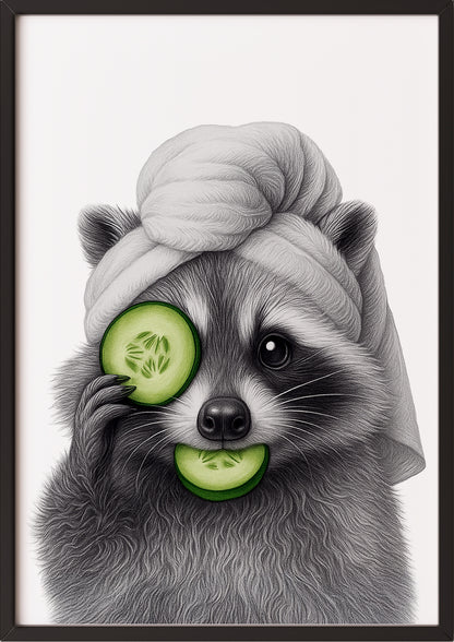 Tierposter mit Waschbär im Spa-Look und schwarzem Rahmen, witzige Illustration für dein Zuhause