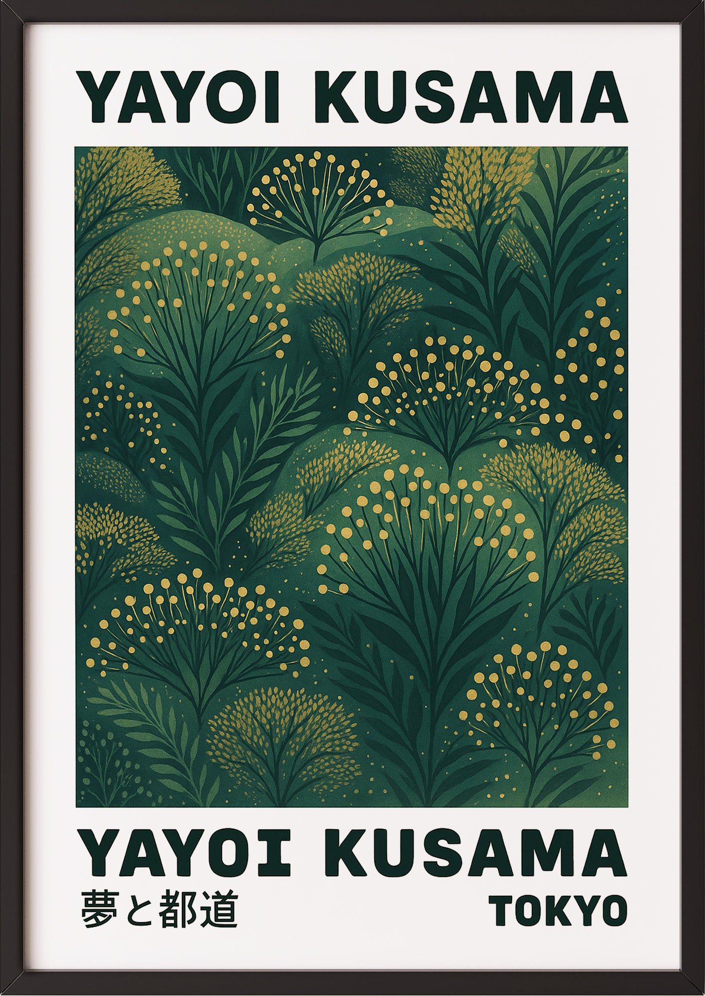 yayoi kusama grün kunstwerk gerahmt in schwarzem rahmen als elegante wanddekoration