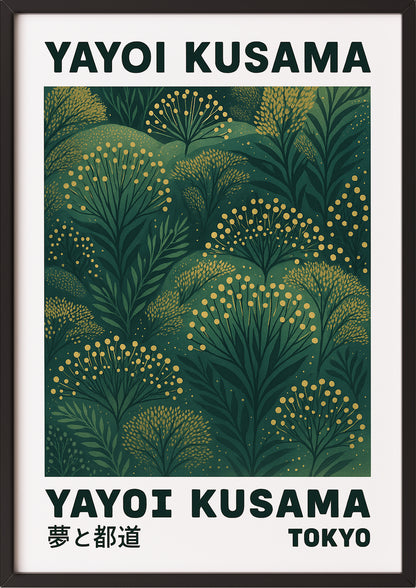 yayoi kusama grün kunstwerk gerahmt in schwarzem rahmen als elegante wanddekoration