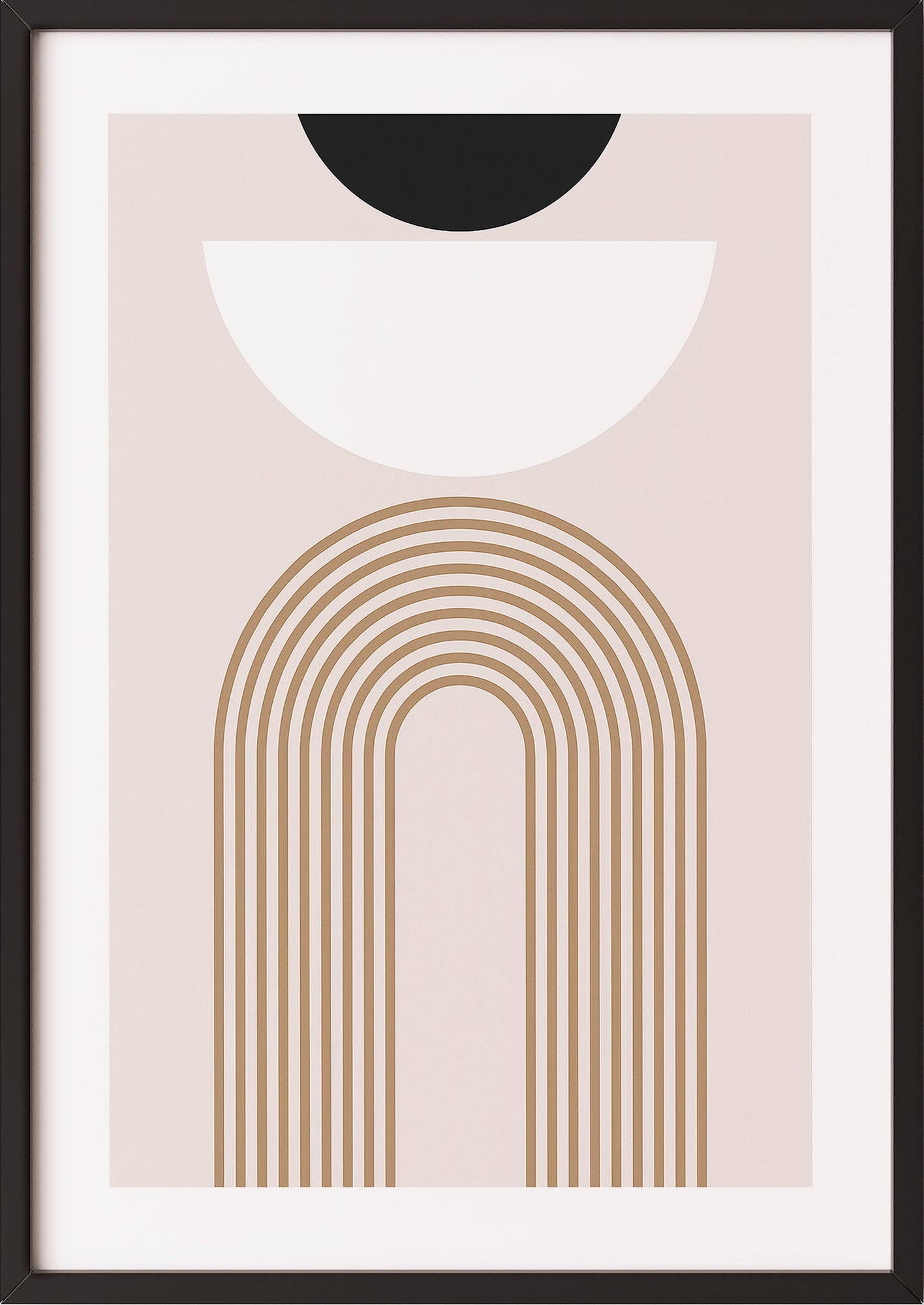 Minimalistisches Linienbogen Poster in Beige mit schwarzem Rahmen – geometrische Wanddeko
