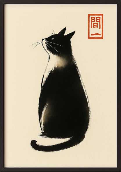 Gerahmtes Poster einer Zen-Katze im Profil, angelehnt an Wand mit natürlichen Elementen