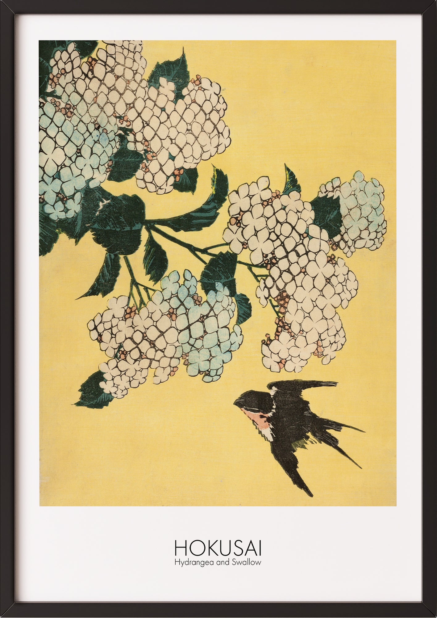 Frau hängt Hydrangea and Swallow von Hokusai als Poster in schwarzem Rahmen an die Wand