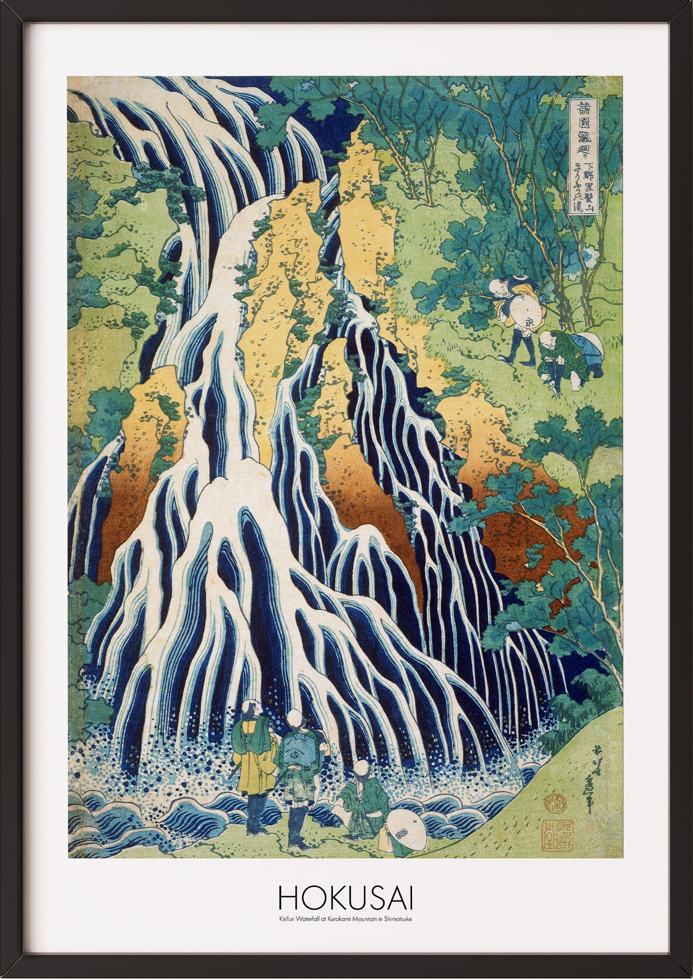 Frau hängt Kirifuri Waterfall at Kurokami Mountain in Shimotsuke von Hokusai als Poster in schwarzem Rahmen an die Wand