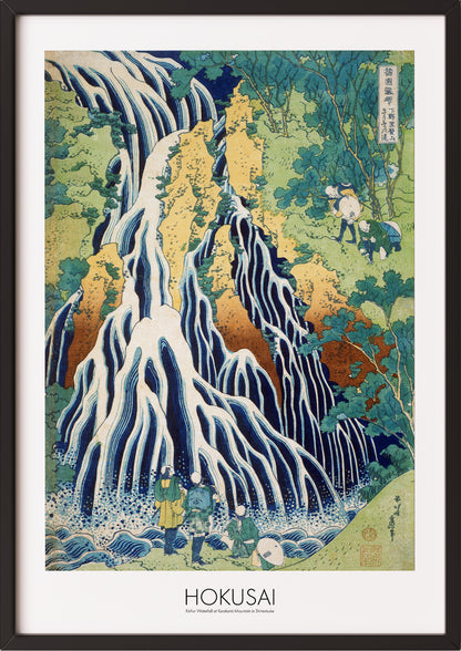 Frau hängt Kirifuri Waterfall at Kurokami Mountain in Shimotsuke von Hokusai als Poster in schwarzem Rahmen an die Wand
