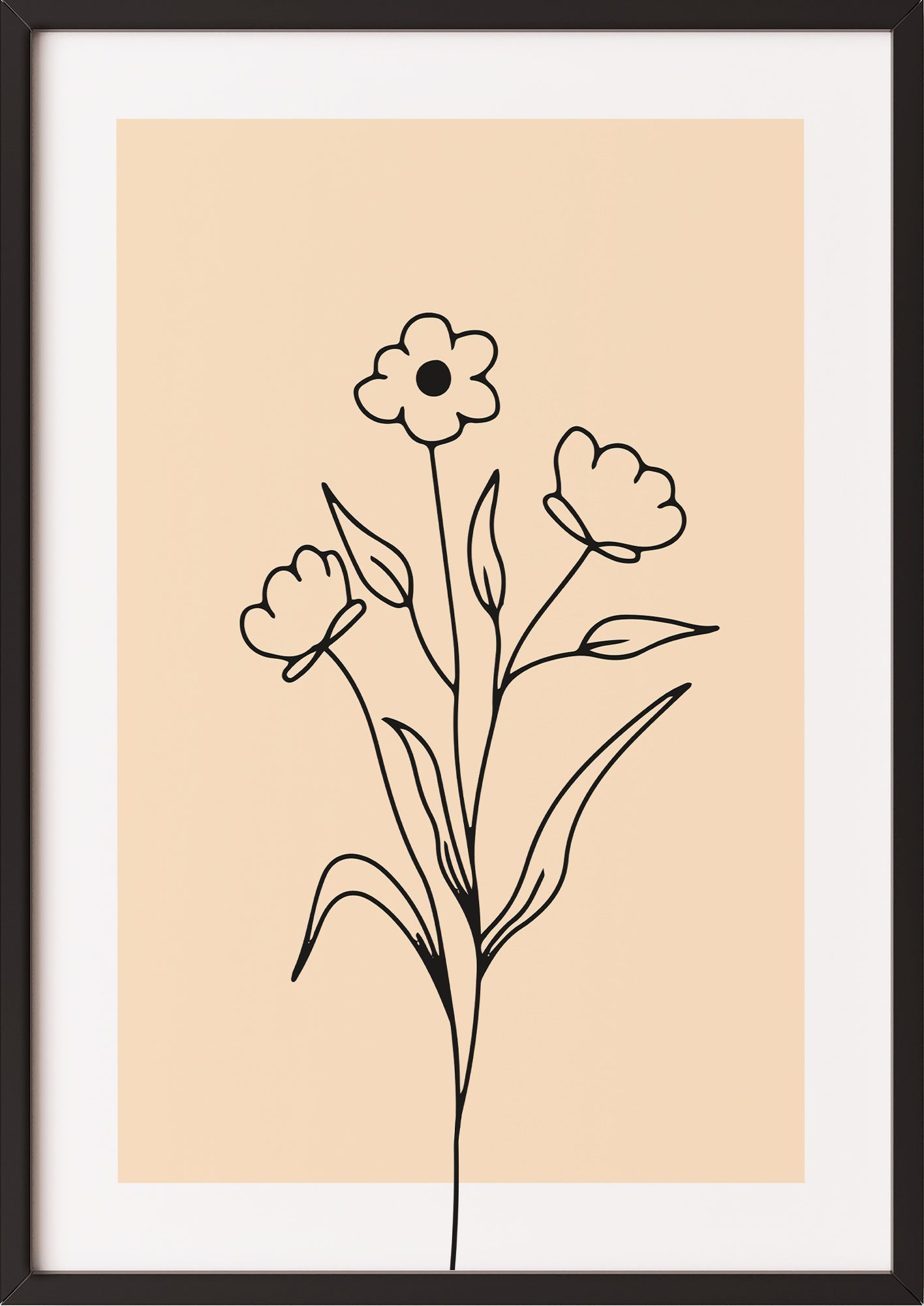 Poster „Line Art Blumen“ in schwarzem Holzrahmen