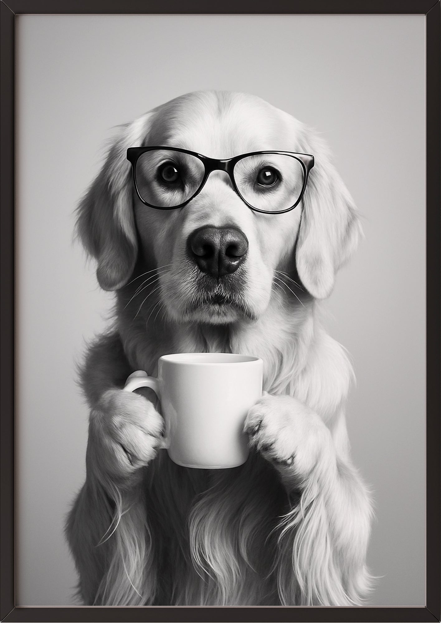 Poster: Golden Retriever mit Brille und Tasse im schwarzen Rahmen