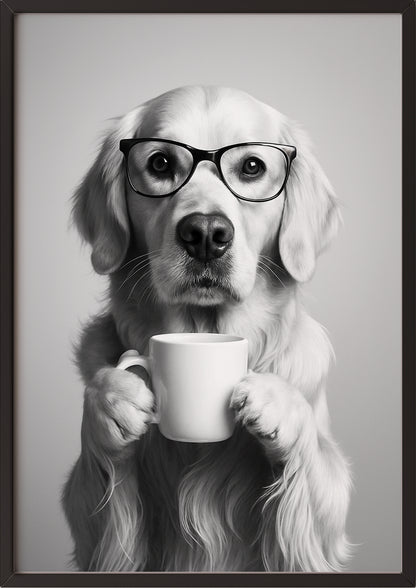 Poster: Golden Retriever mit Brille und Tasse im schwarzen Rahmen